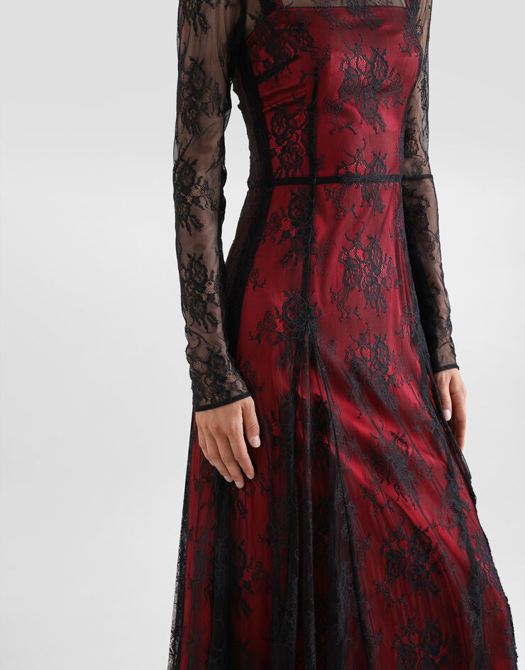 Dolce & Gabbana Lace calf-length dress with high neck and contrasting lining Black F6JORTFLREW