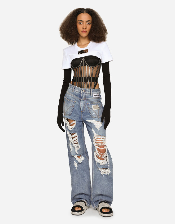 Dolce & Gabbana KIM DOLCE&GABBANA T-shirt cropped in jersey con placca “KIM Dolce&Gabbana” Bianco F8T99THU7H8