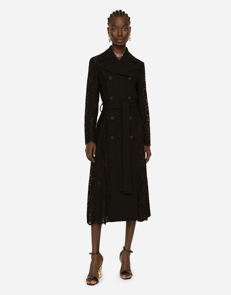 Dolce & Gabbana Manteau croisé en crêpe et dentelle avec ceinture Noir F0AD2THLMTB