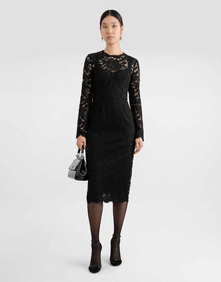Dolce & Gabbana Longuette-Langarmkleid aus elastischer Spitze mit Logo Schwarz F6M0DTHLM7L