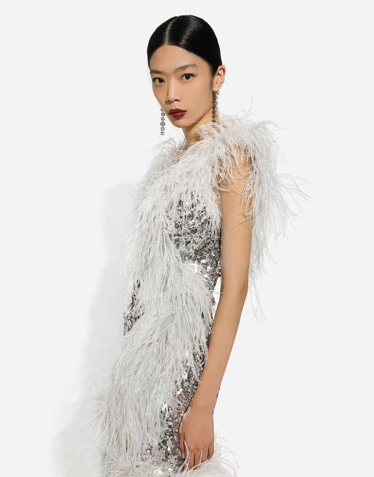 Dolce & Gabbana Short sequined wrap dress with feather trims Silver F6DKWTHLMZM