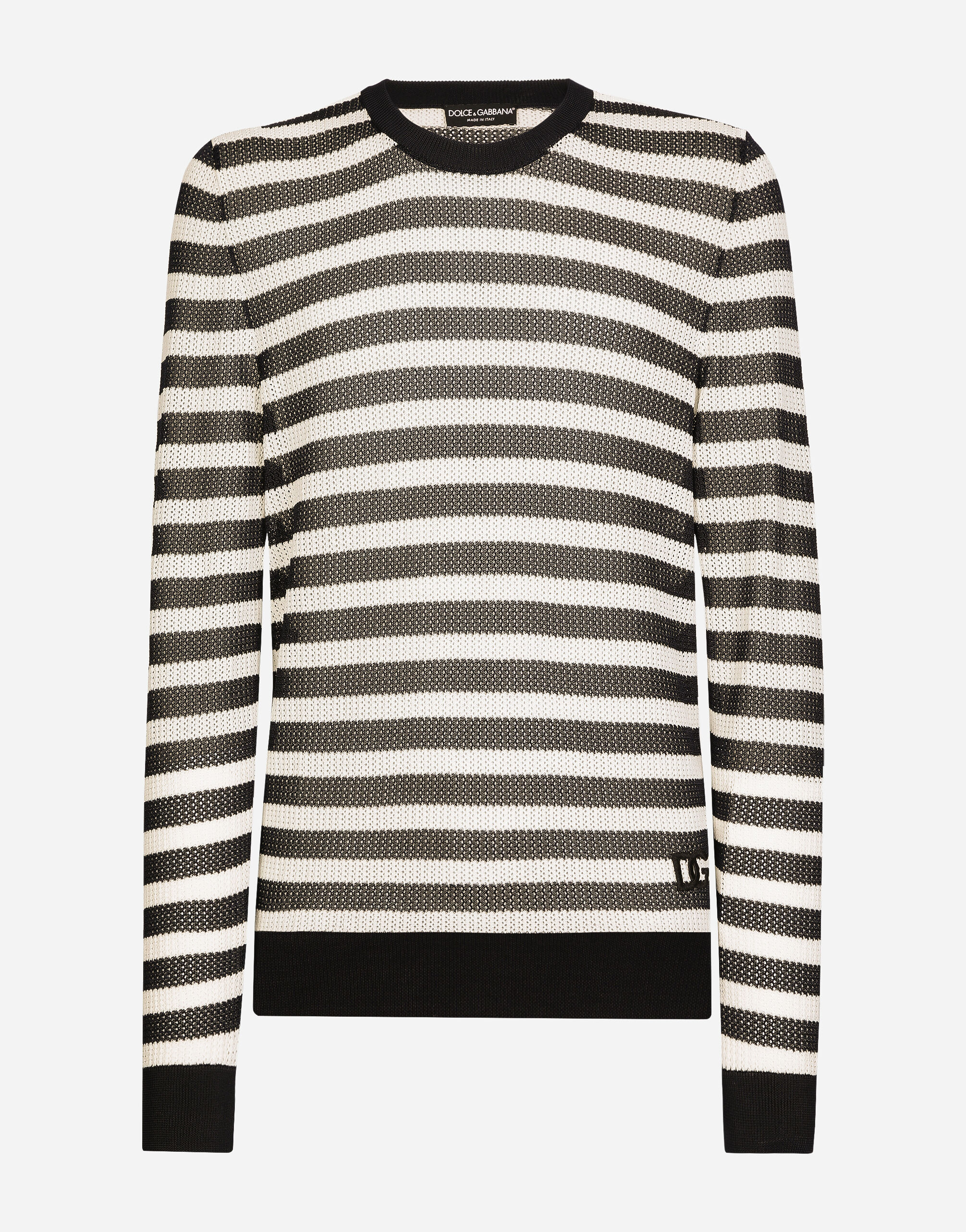 Dolce & Gabbana Striped-print round-neck cotton sweater Black GXZ38ZJBCDS