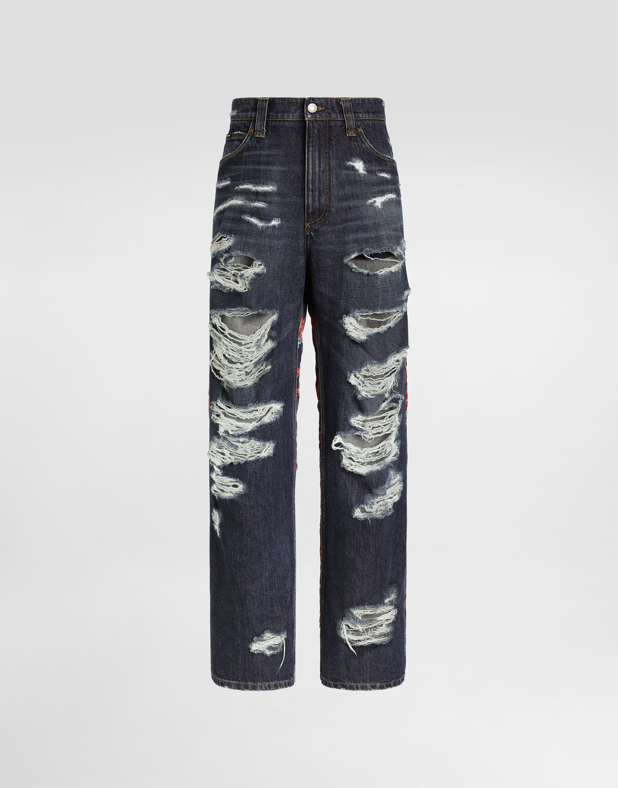 Denim trousers with carretto-print applications