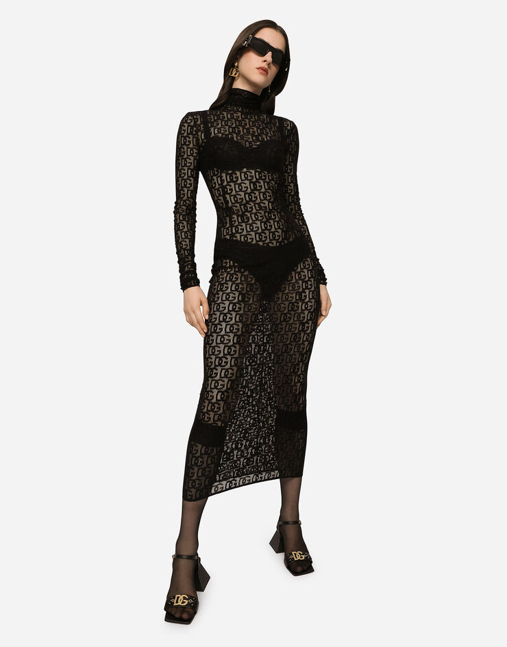 Dolce & Gabbana Vestido longuette de tul con motivo integral del logotipo DG Negro F6ATRTFLEAQ