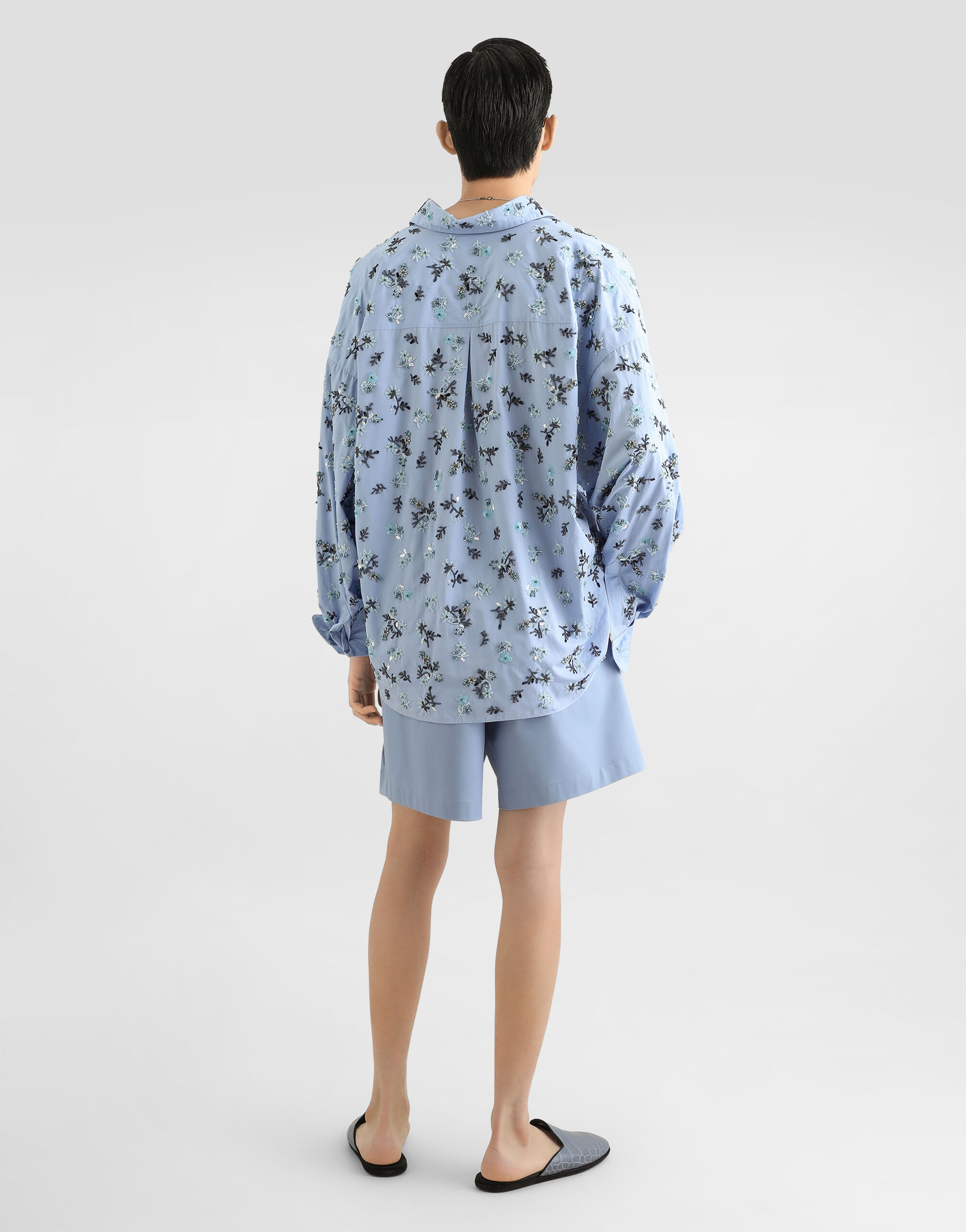 Cotton shirt with embroidery in Azure for Men | Dolce&Gabbana® US
