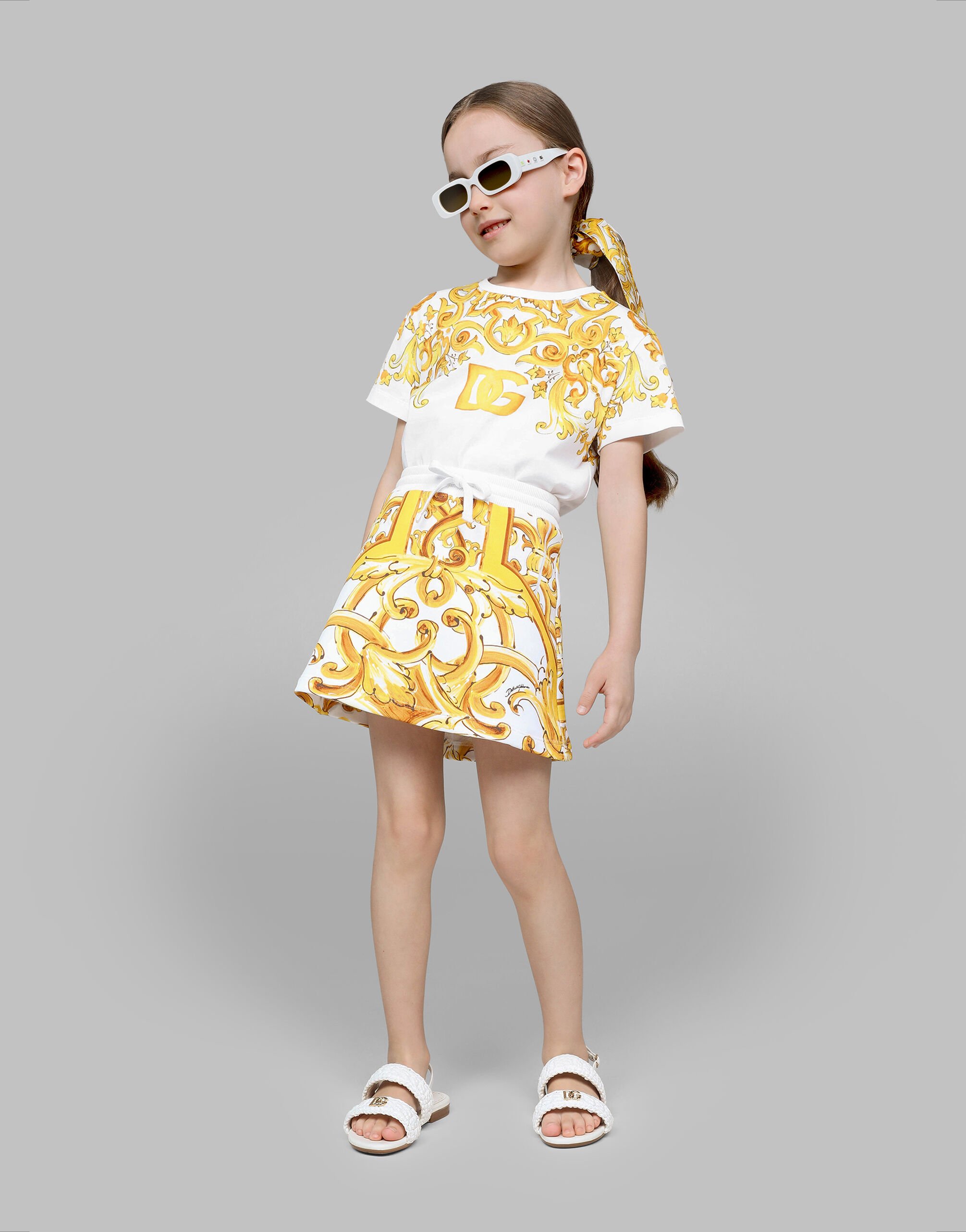 Jersey skirt with yellow majolica print in Print for Girls Dolce Gabbana US