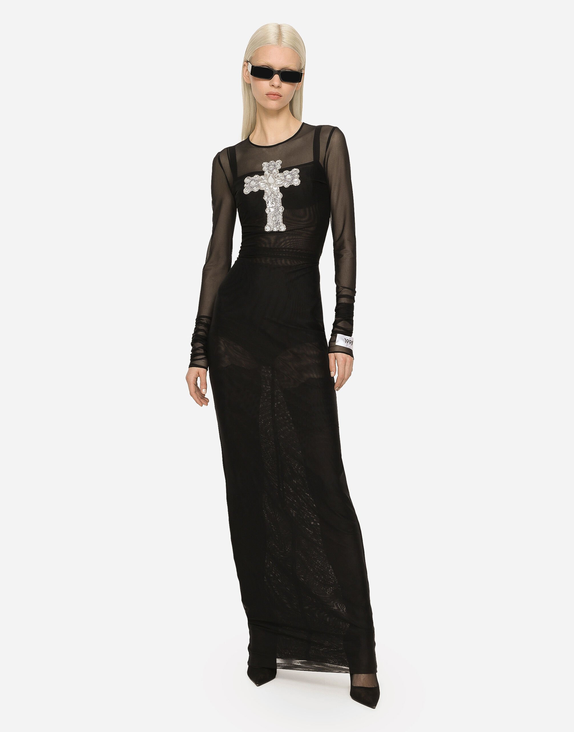 Long tulle dress with rhinestone cross embellishment in Black for Women |  Dolce&Gabbana® US