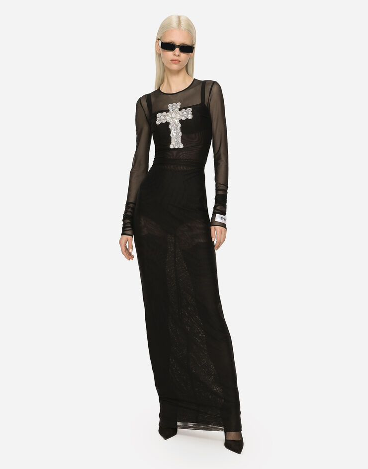 Dolce&Gabbana Long tulle dress with rhinestone cross embellishment Black F6BEZZFLRC2