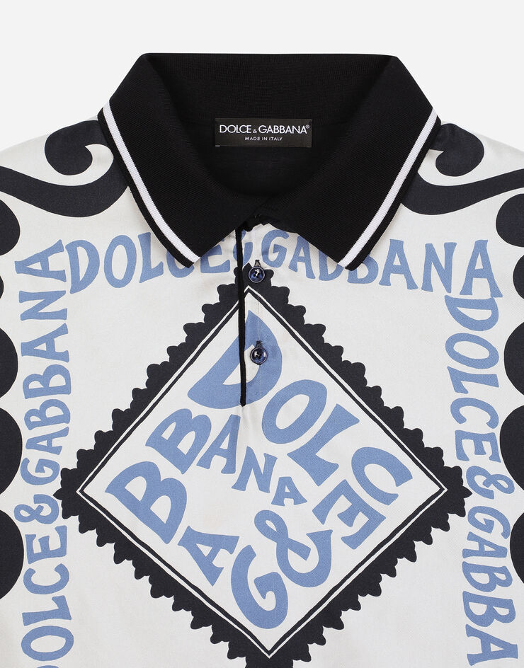 Marina-print silk polo-shirt in Azure for | Dolce&Gabbana® US