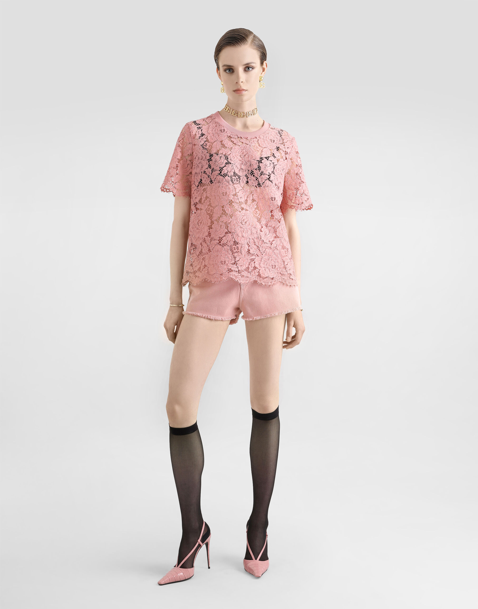 Short-sleeved Cordonetto lace T-shirt in Pink for Women