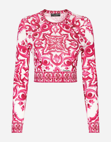 Dolce & Gabbana Cropped-Pullover aus Seide Majolika-Print Drucken GZ031AGI898