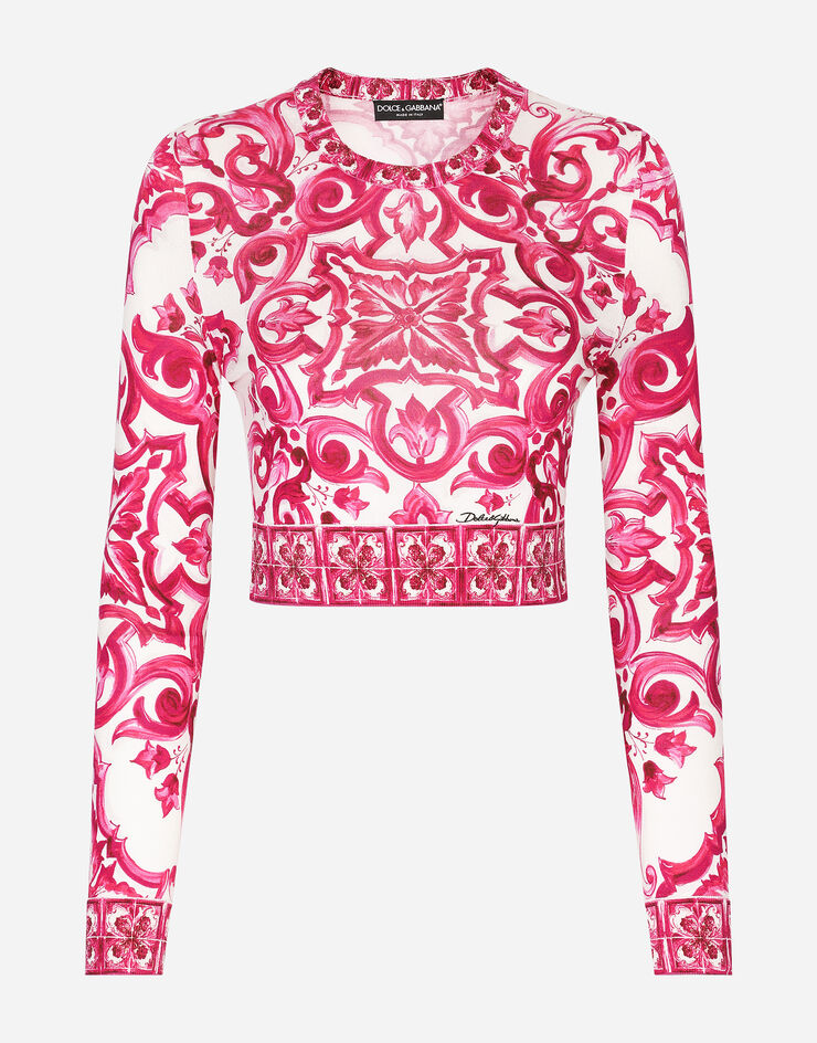 Dolce&Gabbana Pull cropped en soie à imprimé majoliques Multicolore FXL36TJAHJO