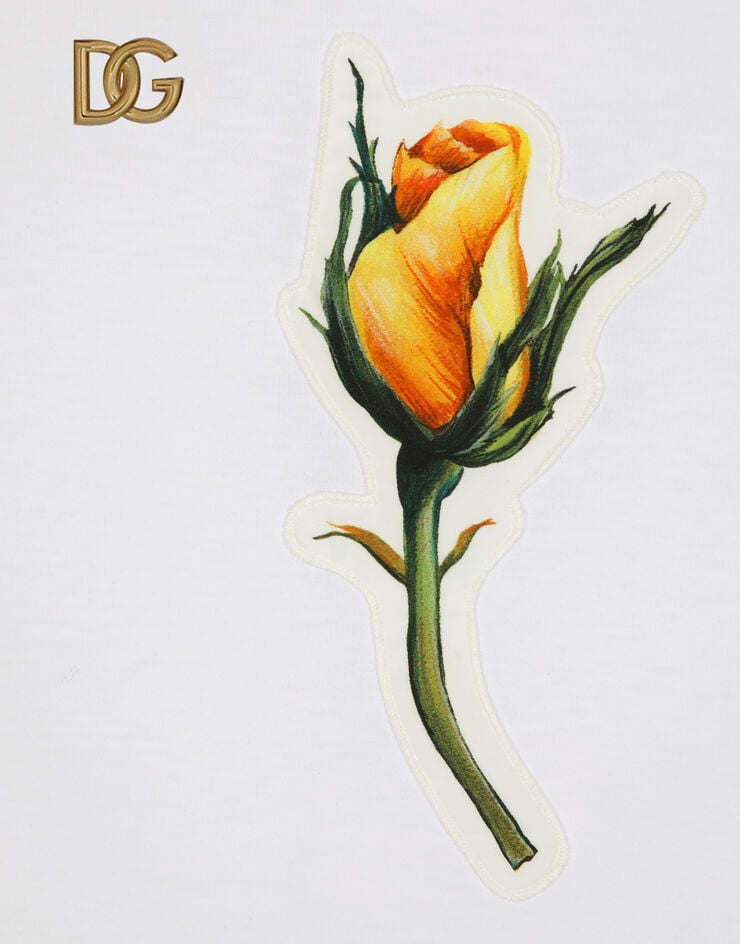 Dolce & Gabbana Футболка из джерси с логотипом DG и вышитой аппликацией желтых роз белый F8T00ZGDCBT