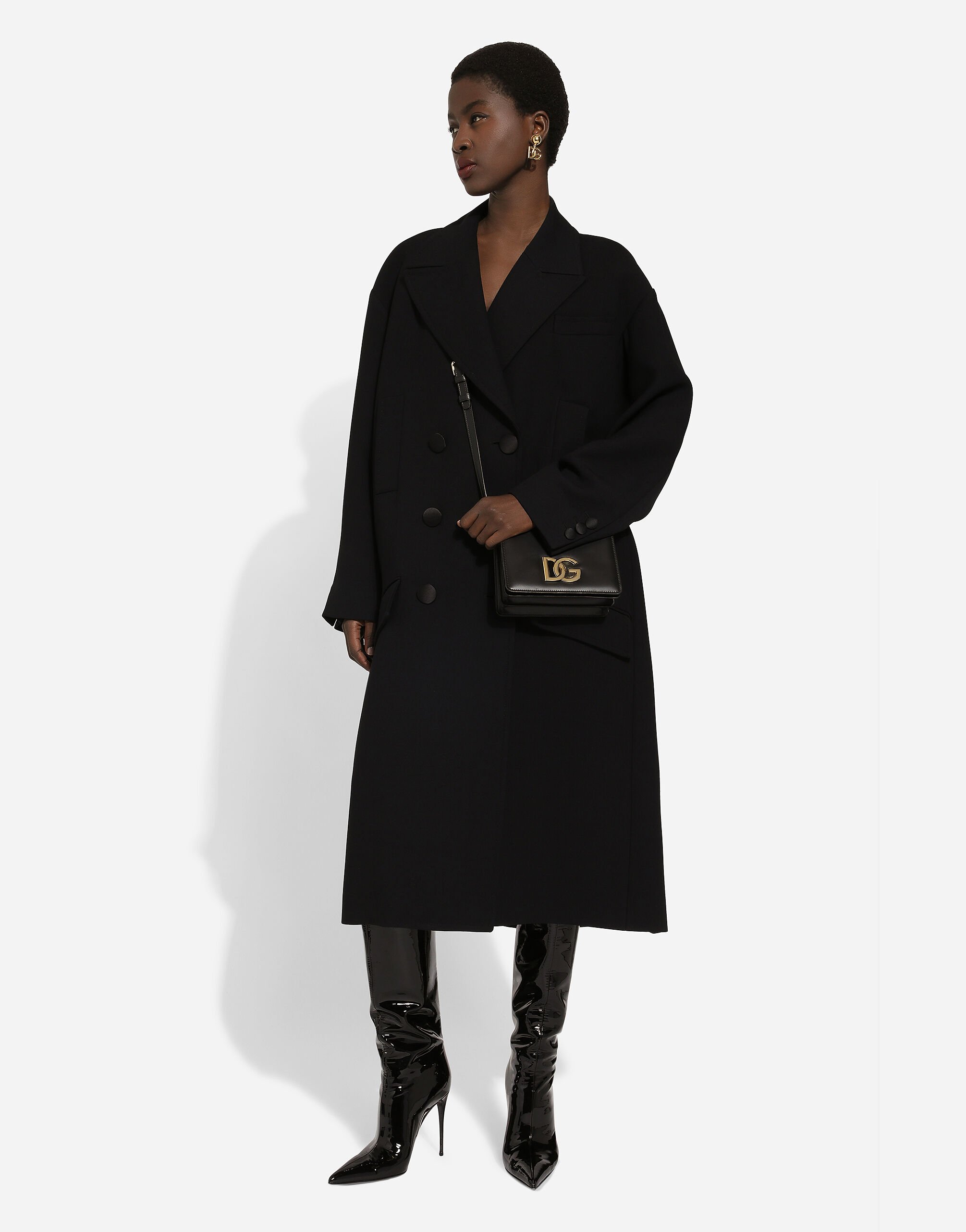 Oversize coat in double wool crepe in Black for Women