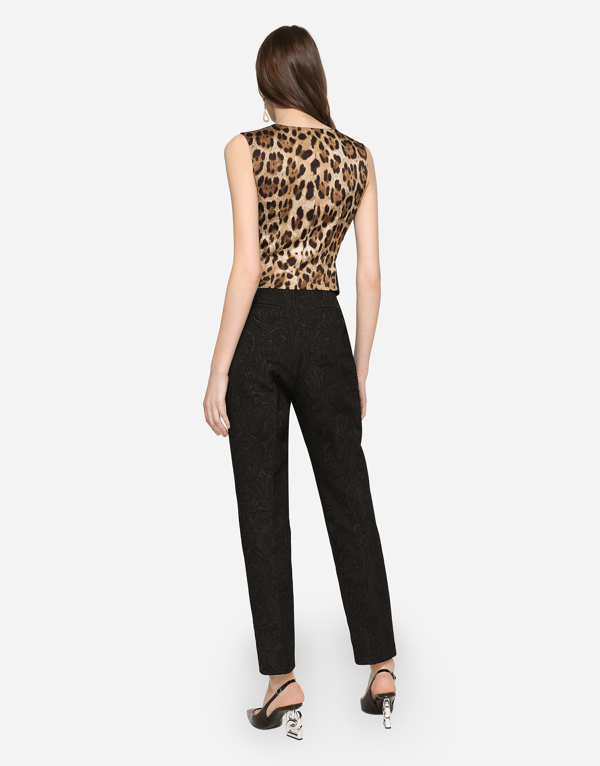 High-waisted ornamental jacquard pants in Black for Women