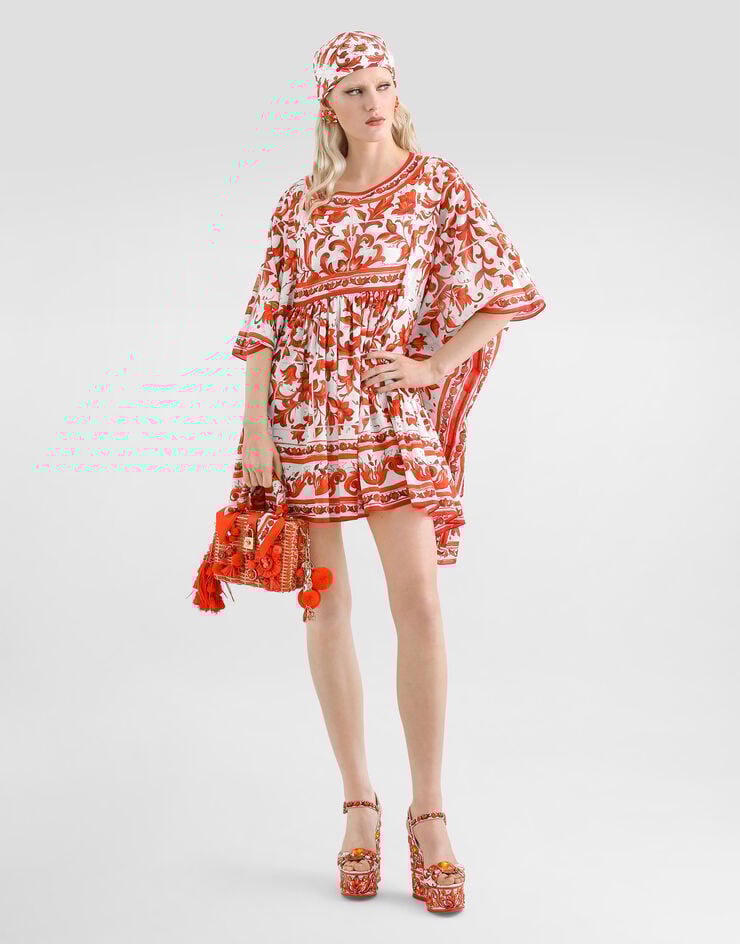 Dolce & Gabbana Long kaftan dress in majolica-print cotton Multicolor F614OTGDDRK