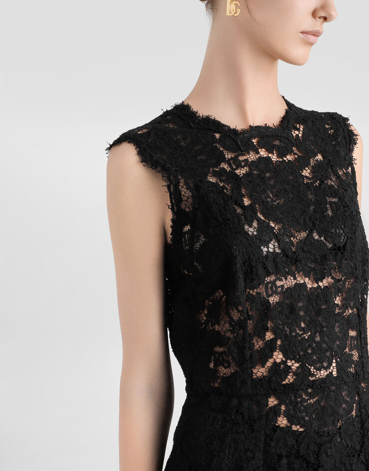 Dolce & Gabbana Longuette-Kleid aus elastischer Spitze mit Logo Schwarz F6H0ZTHLM7L