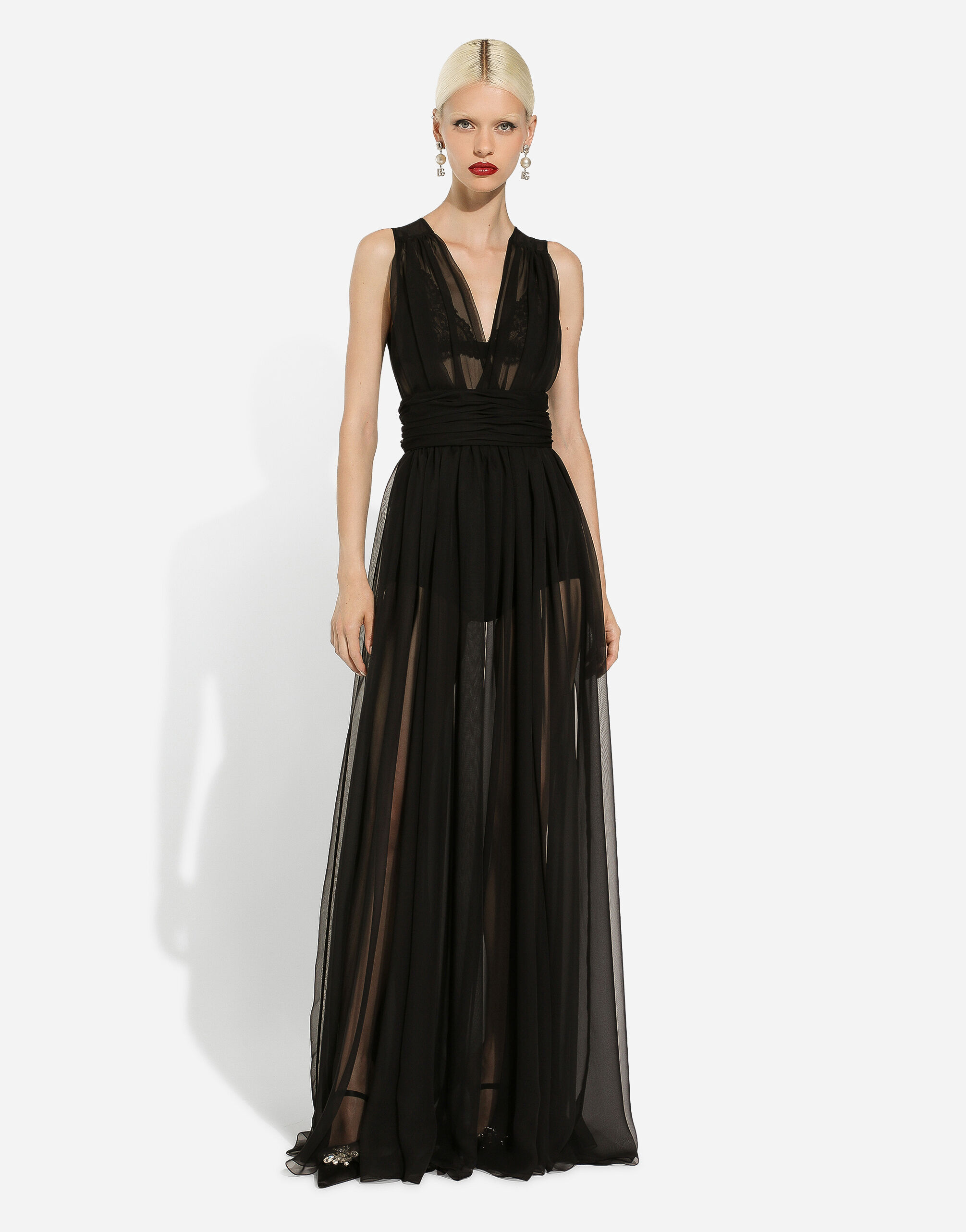 Long chiffon dress with draped belt in Black for Women