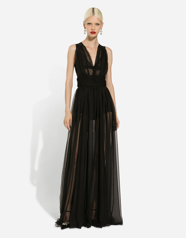 Dolce & Gabbana Abito lungo in chiffon con cintura drappeggiata Nero F6DGXTFUS0N