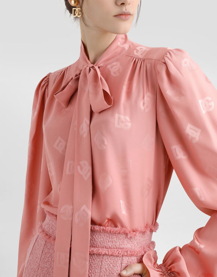 Dolce & Gabbana Silk jacquard pussy-bow shirt with DG logo Pink F5T40TFJ1JO