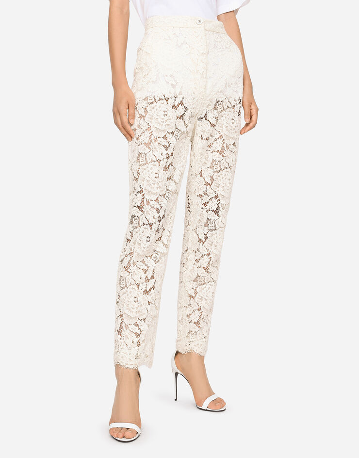 Dolce & Gabbana Pantalon en dentelle stretch à logo Blanc FTAM2TFLRE1