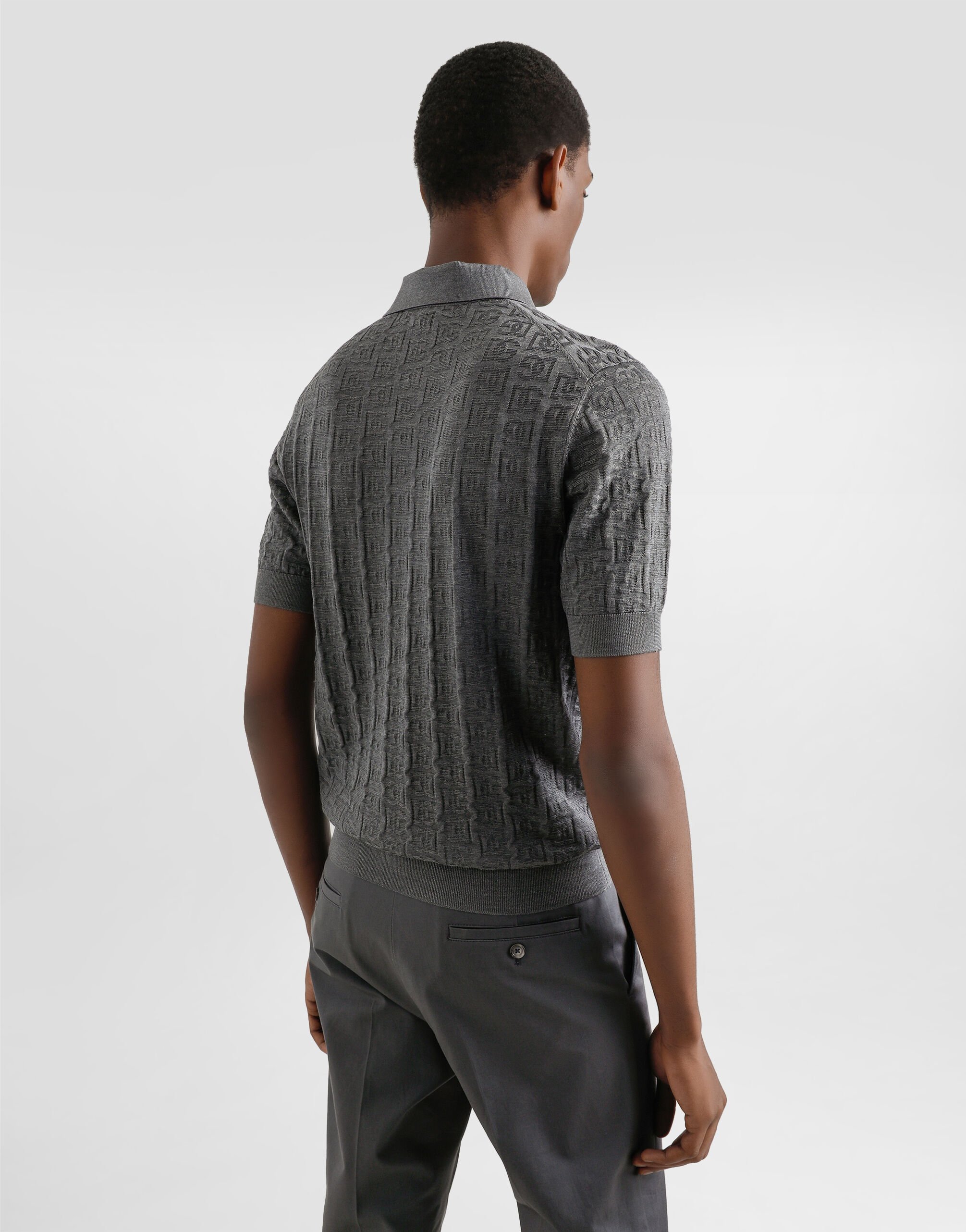 Silk polo-shirt with all-over DG logo embroidery in Grey for