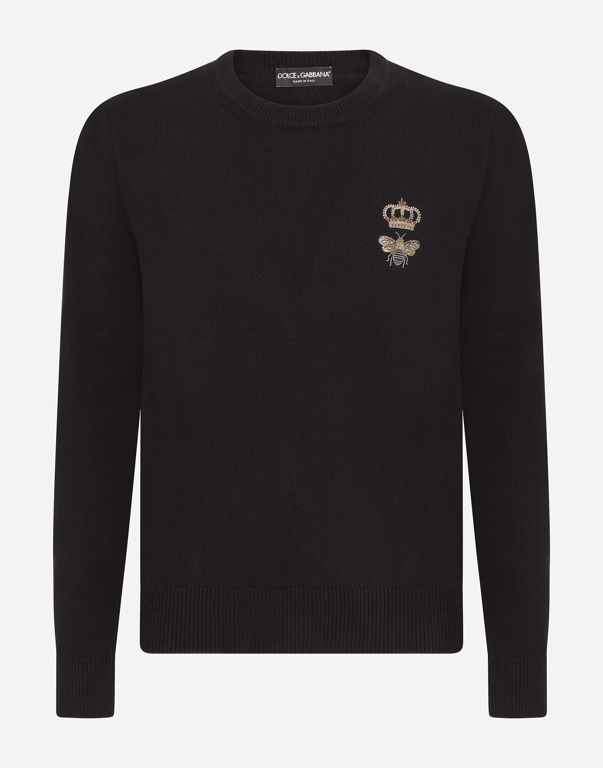 Dolce & Gabbana Wool round-neck sweater with embroidery Blue GX828TJAWTY