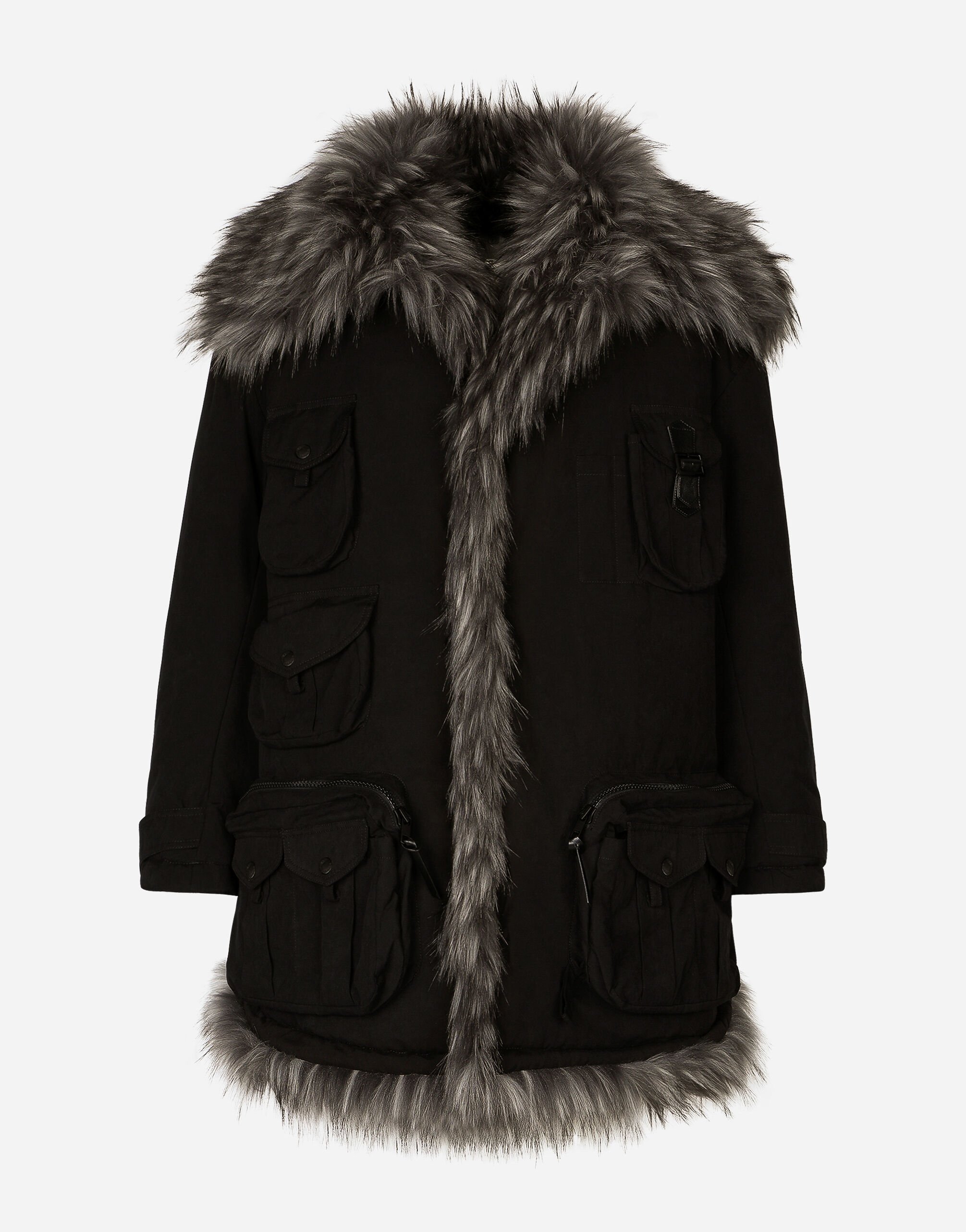 Dolce & Gabbana Multi-pocket cotton pea coat with faux fur details Black G9PB9LFUL89