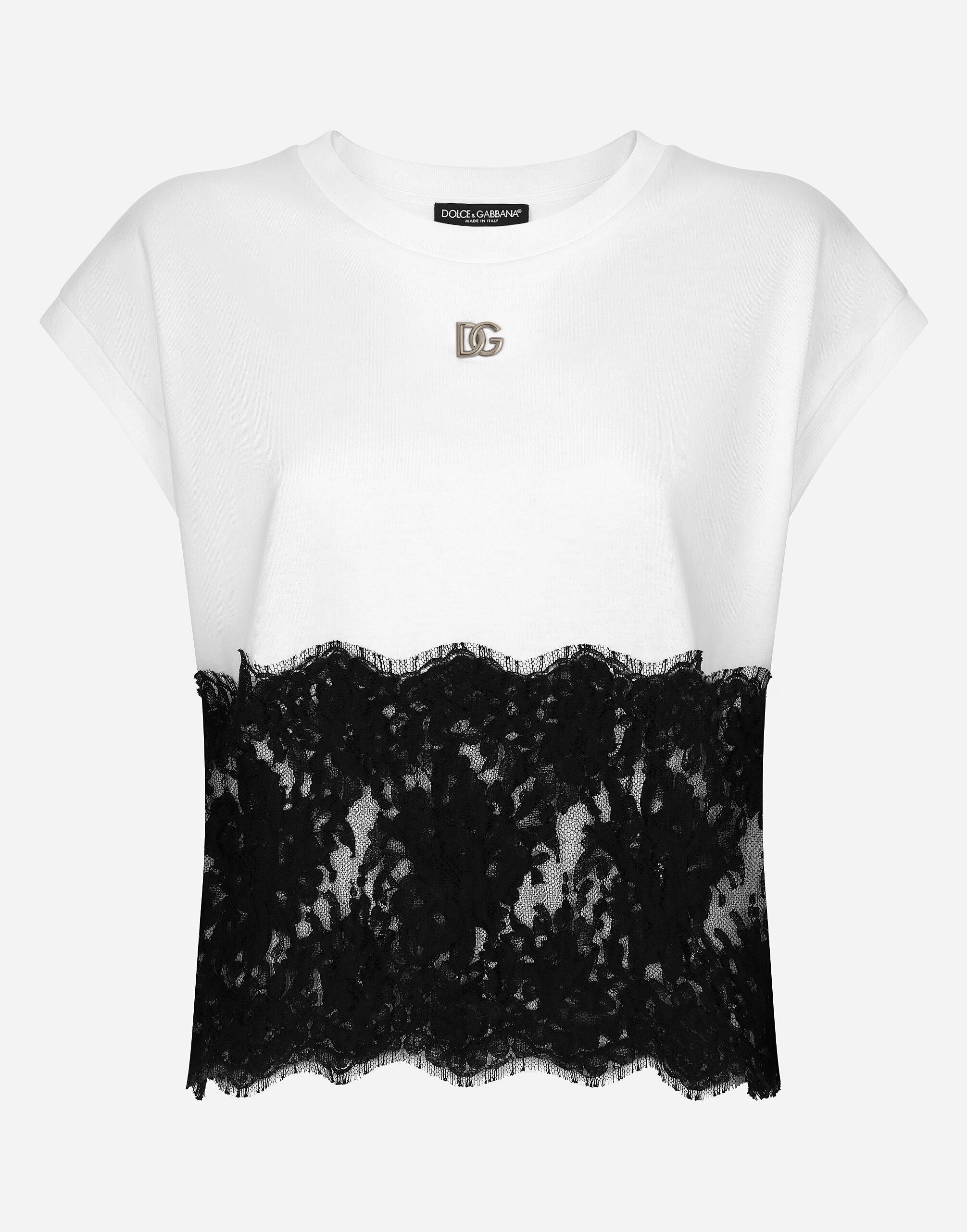 Dolce & Gabbana Camiseta de punto con detalles de encaje y logotipo DG Blanco F8T00ZG7H1Z