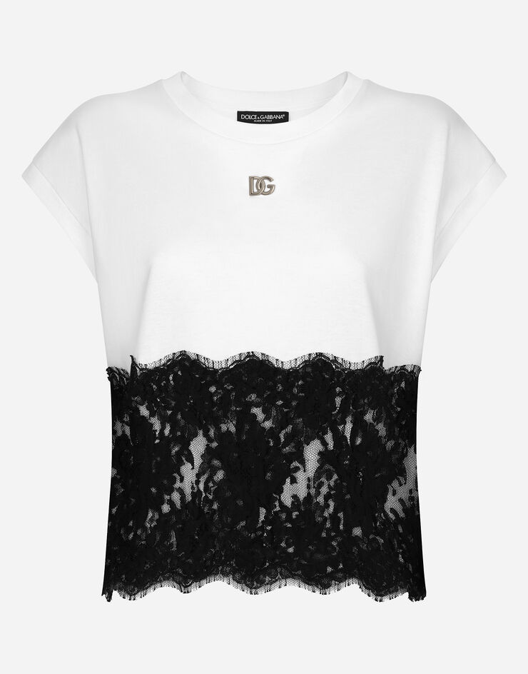 Dolce & Gabbana DG 徽标与蕾丝细节平纹针织 T 恤 白 F8T65ZG7H2H