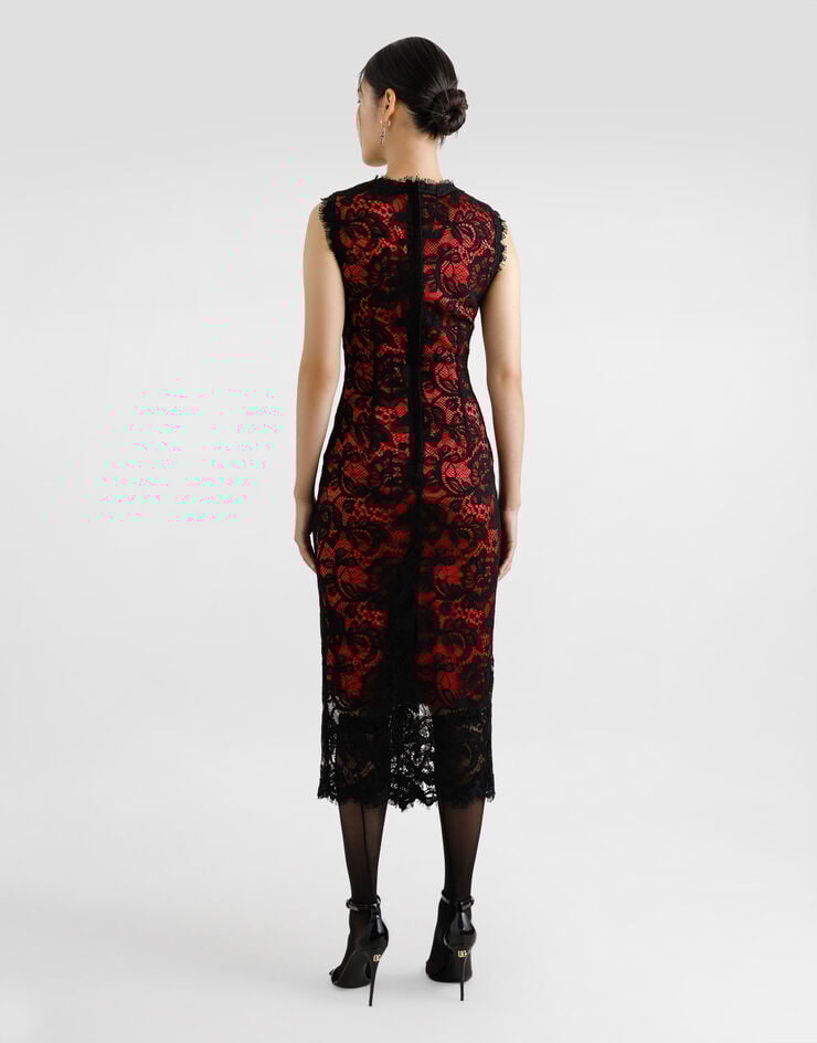 Dolce & Gabbana Abito longuette a tubino in pizzo floreale con fodera a contrasto Nero F6JSKTILMBJ