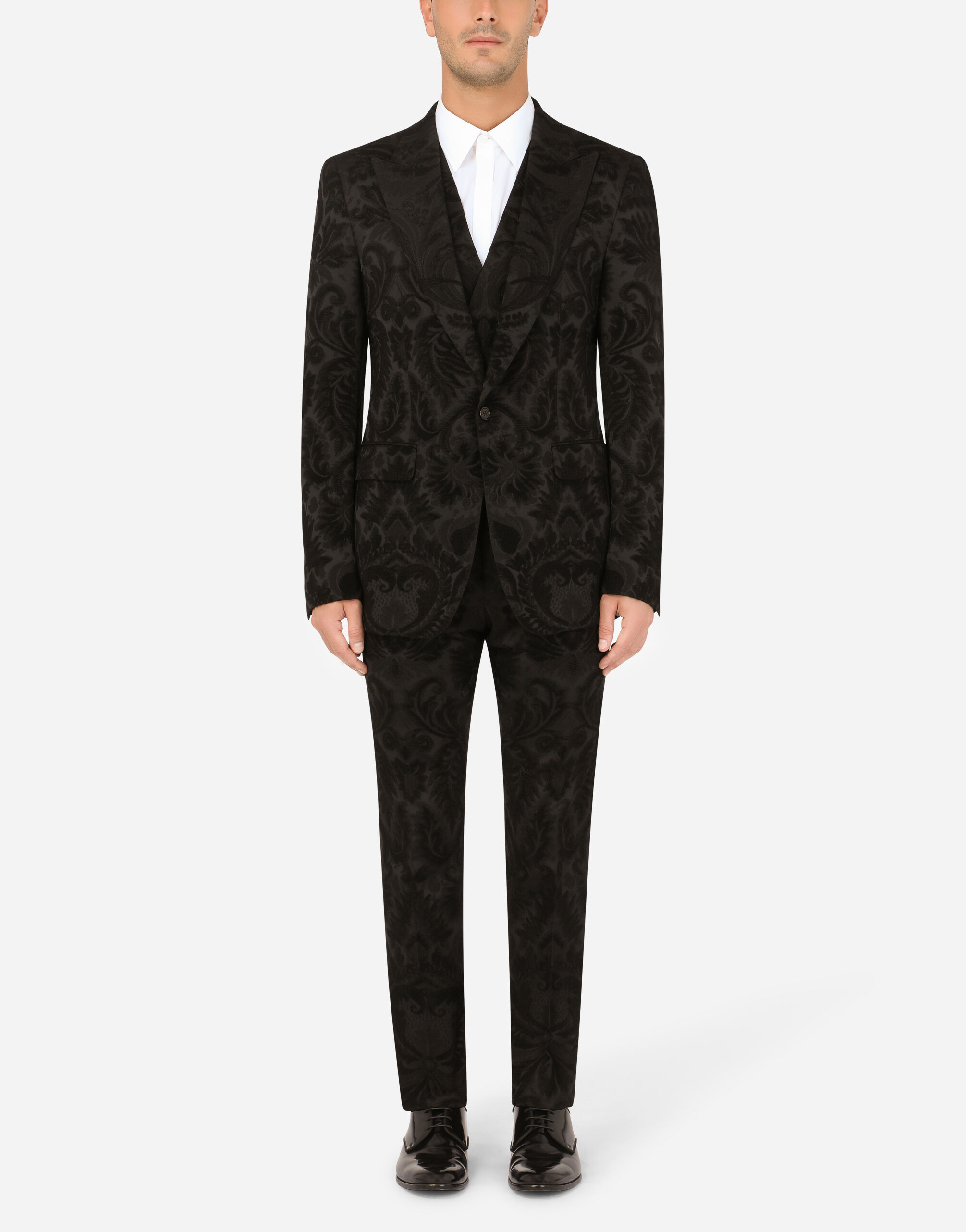 Three-piece Sicilia-fit suit in stretch jacquard in Black for Men