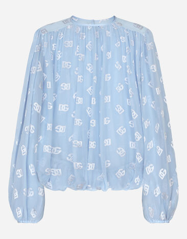 Dolce & Gabbana Blusa en jacquard de raso devoré con motivo integral del logotipo DG Azul Claro F761RTFJTBR