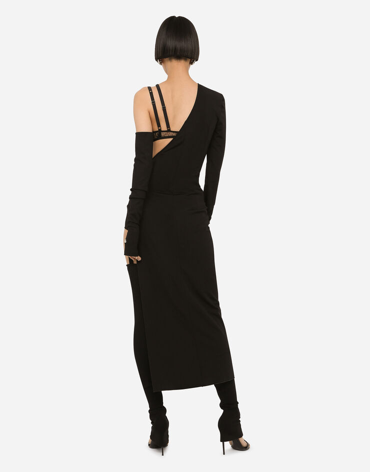 Dolce & Gabbana One-shoulder jersey dress with detached sleeve detail Black F6AQXTFUGO7