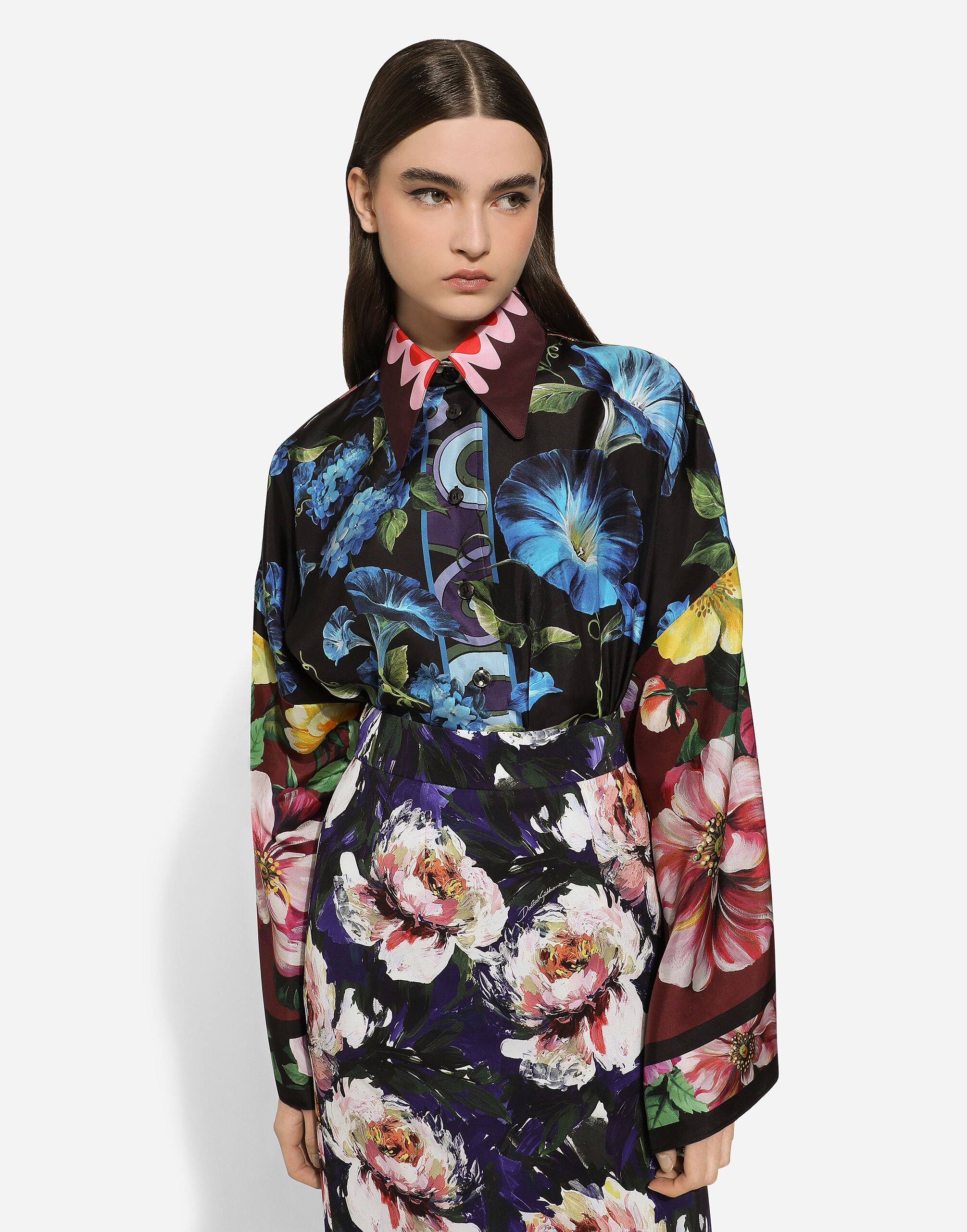 Oversize silk shirt with floral print in Print for | Dolce&Gabbana® US