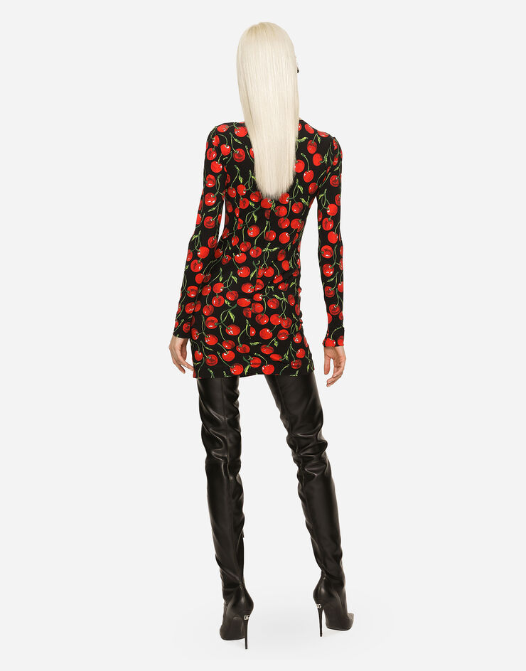 Dolce&Gabbana Vestido corto de manga larga en punto con estampado de cerezas Multicolor F6R6LTFSG54