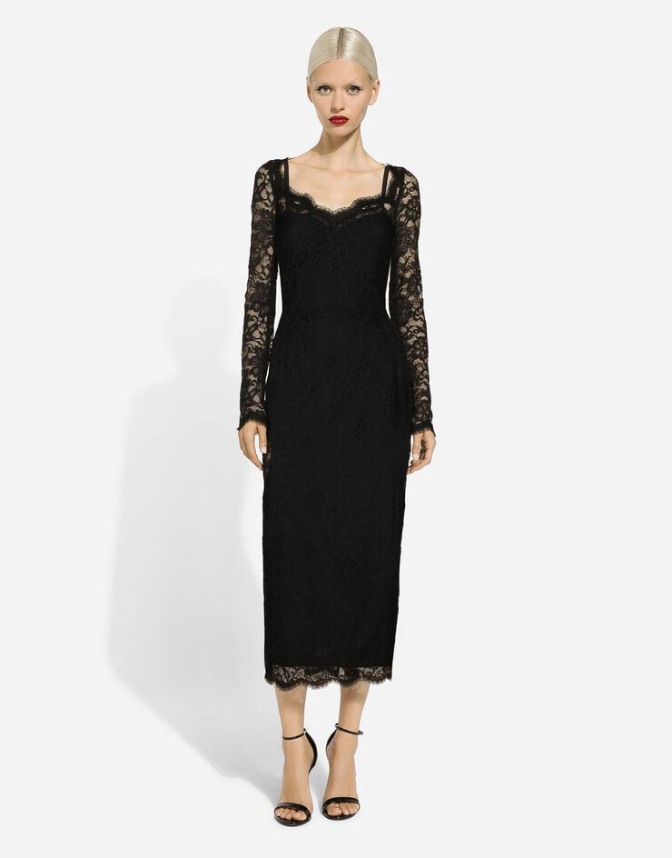 Dolce & Gabbana Longuette-Kleid aus floraler Spitze Schwarz F6AQGTHLUAH