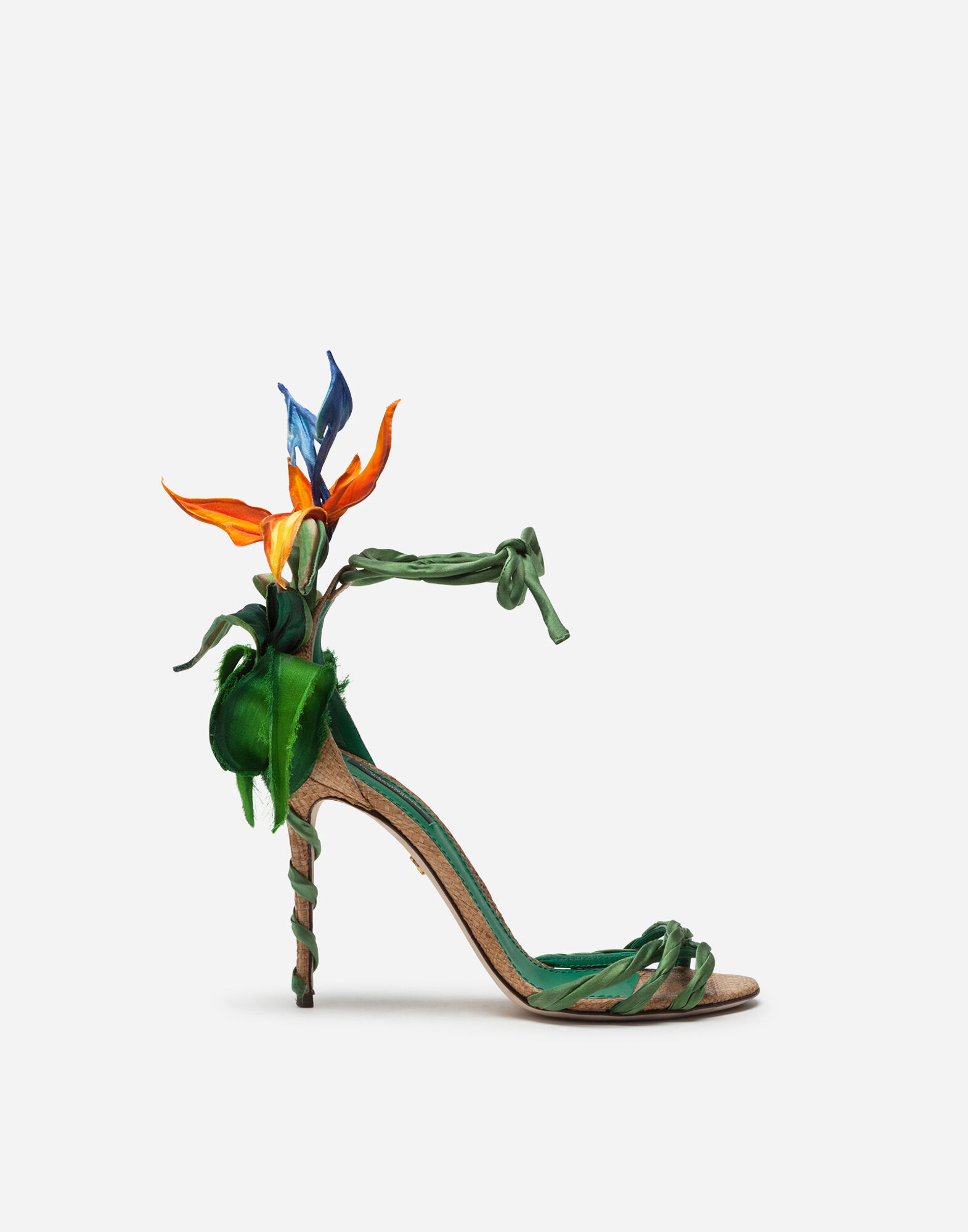 Satin sandals with bird of paradise embroidery