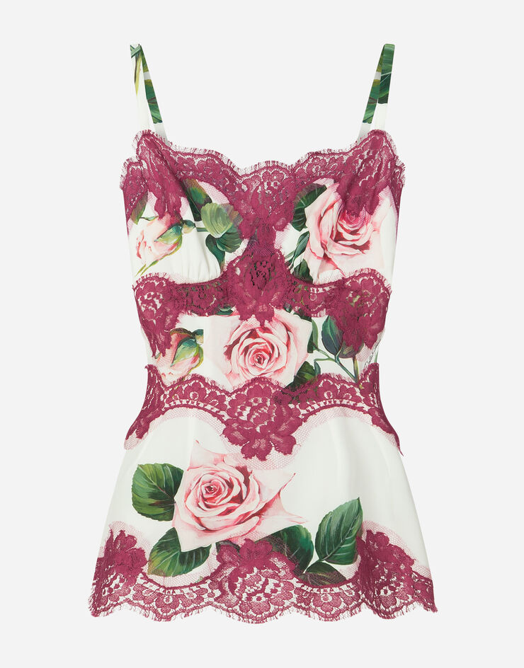 Dolce & Gabbana TROPICAL ROSE PRINT CHARMEUSE TOP WITH SHOULDER STRAPS AND LACE DETAILS IMPRIMÉ FLEURI F74E1TFSAZD