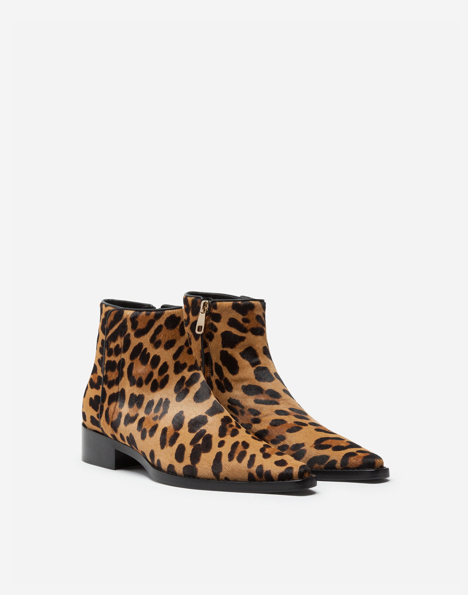 Leopard print pony hair ankle boots