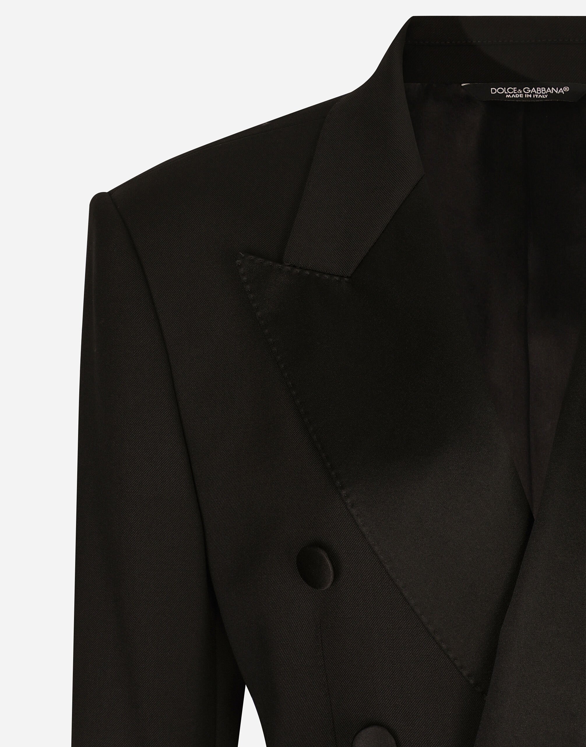 Cropped double-breasted wool tuxedo jacket in Black for