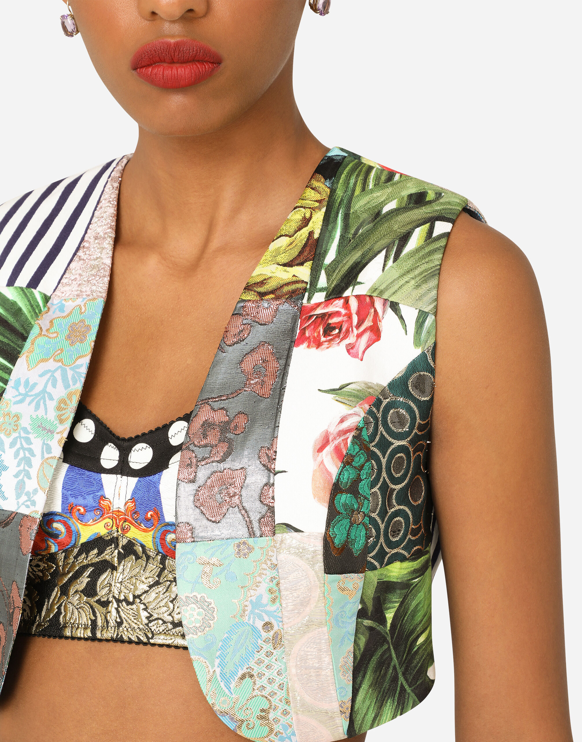 Patchwork brocade and drill jacquard vest