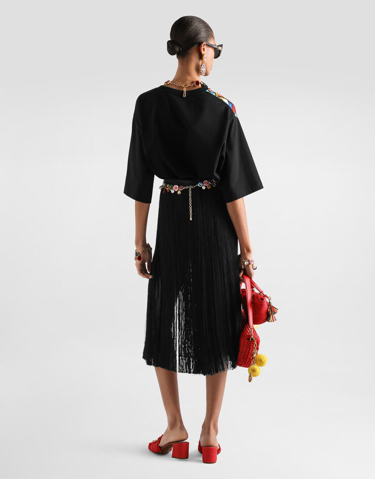 Dolce & Gabbana Long fringed skirt in satin Black F4DGATGDDZX