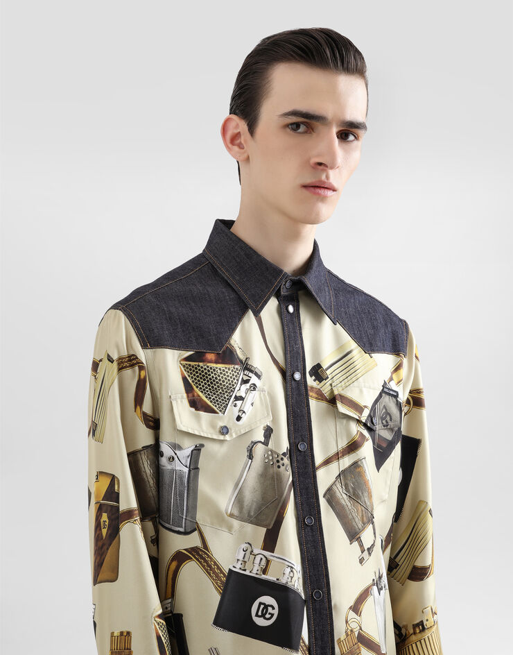 Dolce & Gabbana Silk and denim shirt with lighter print Multicolor G5MO3DG8MD8