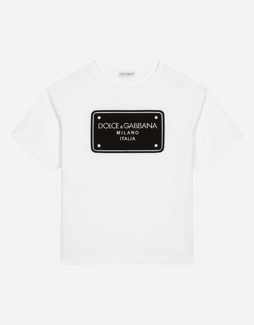 Dolce & Gabbana T-shirt in jersey con placca logata Bianco L4JTHVG7N0G