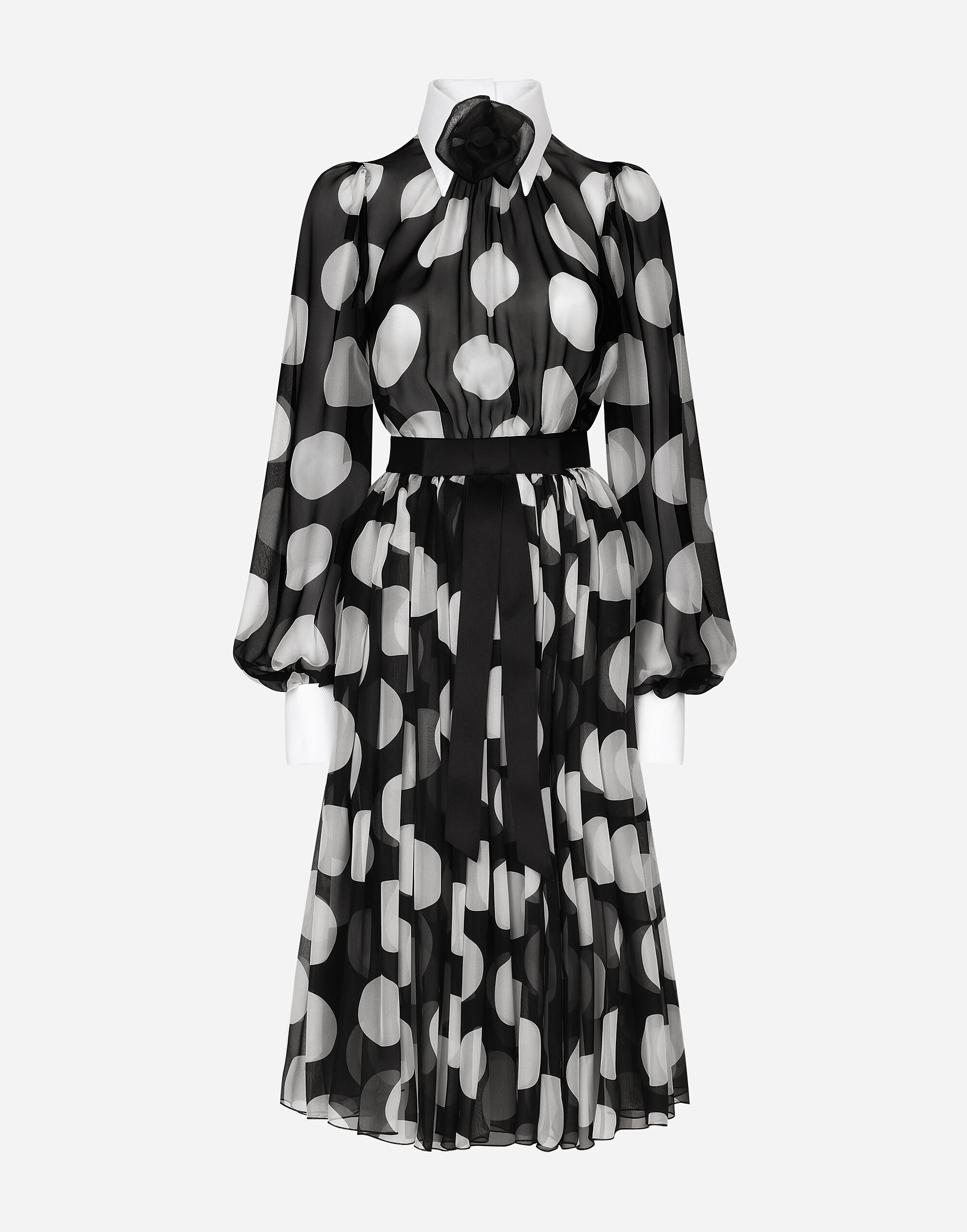 Dolce & Gabbana Vestido longuette de chifón con estampado de lunares y detalles de piqué Imprima F6JGHTHS10S