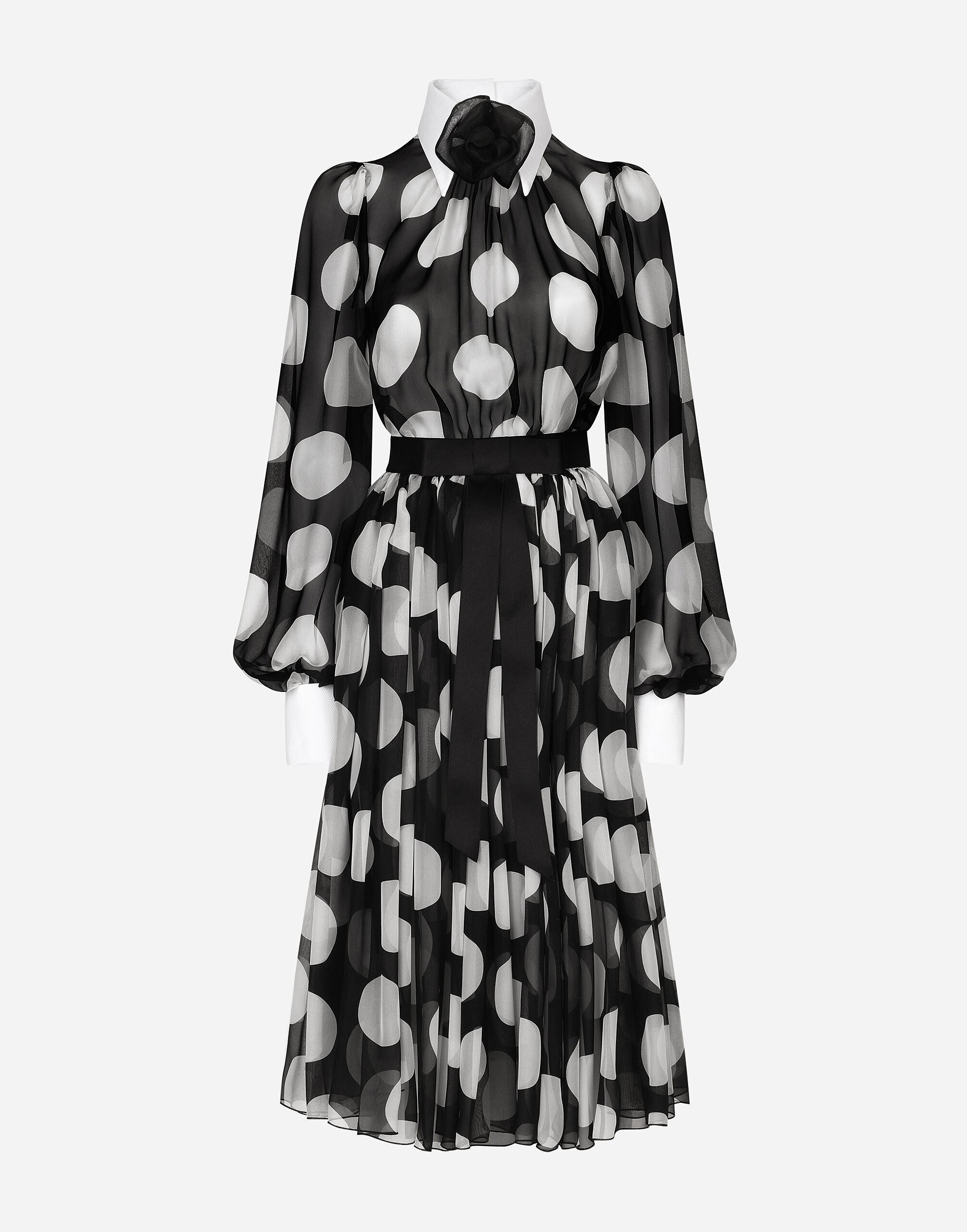 Abito longuette in chiffon stampa pois con dettagli in piquet in Stampa da Donna Dolce Gabbana