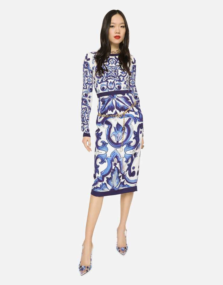 Dolce & Gabbana Vestido midi de charmeuse con estampado de mayólica Multicolor F6ZJ7THPABK