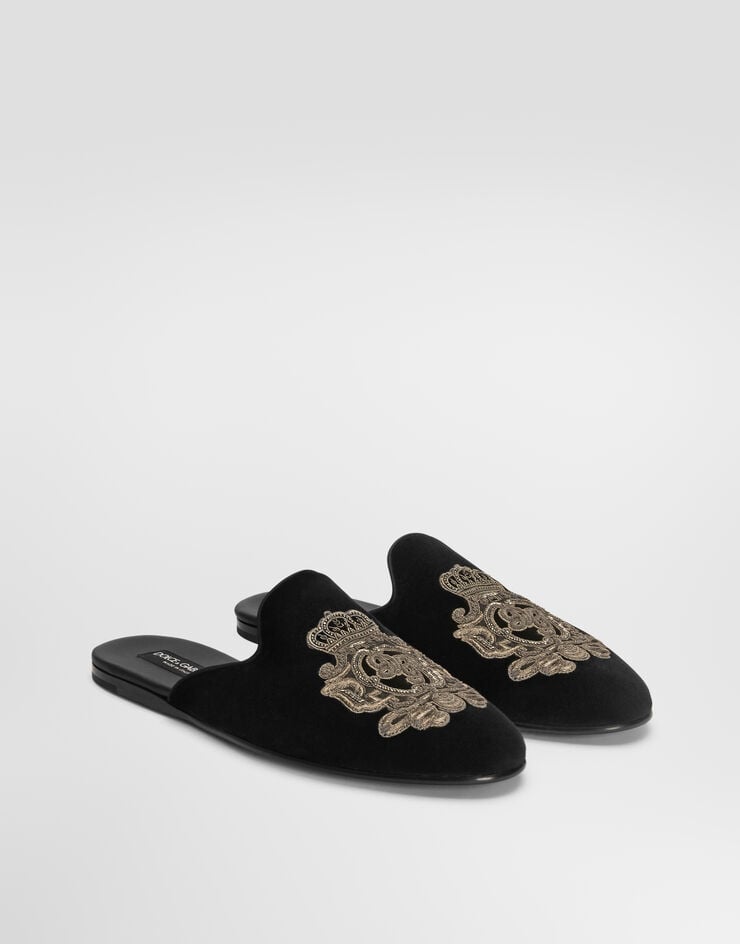 Dolce & Gabbana Velvet slippers with coat of arms embroidery Black A80310AO249