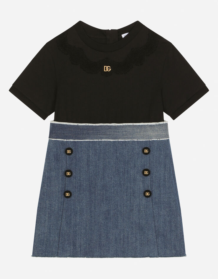 Dolce & Gabbana Stretch denim and jersey dress with DG logo Multicolor L5JD6JG7I3X